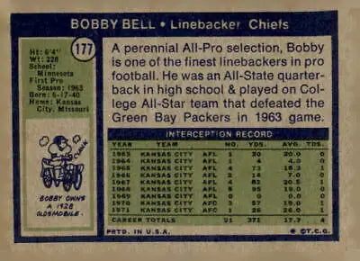 Bobby Bell football card from the 1972 Topps #177 featuring Kansas City Chiefs legend