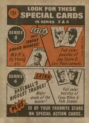 Vintage baseball card advertisement featuring 1972 Topps #184 Bill Melton sports trading card