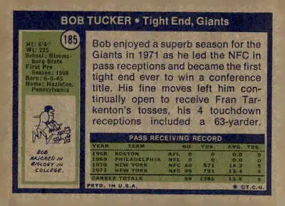 Vintage Bob Tucker sports trading card from 1972 Topps #185 in EX-MT condition