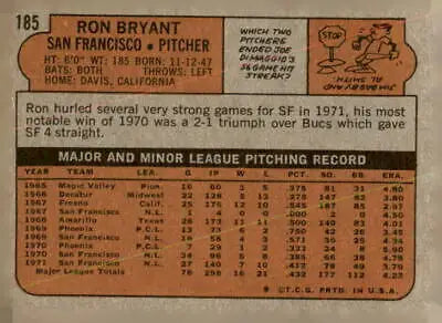 Baseball card back of 1972 Topps #185 Ron Bryant, San Francisco Giants player