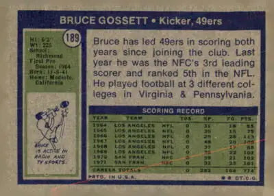Vintage Bruce Gossett trading card from 1972 Topps #189 featuring football memorabilia