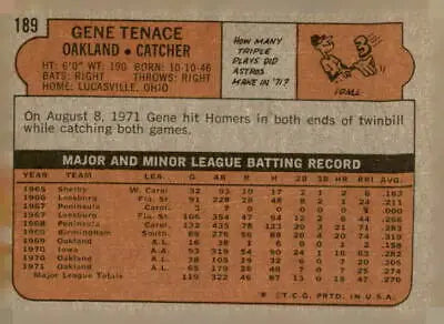Vintage baseball card back featuring Gene Tenace from 1972 Topps Oakland Athletics