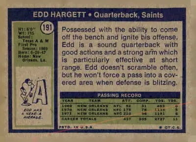 Vintage Edd Hargett football card from 1972 Topps #191 featuring Orleans Saints player