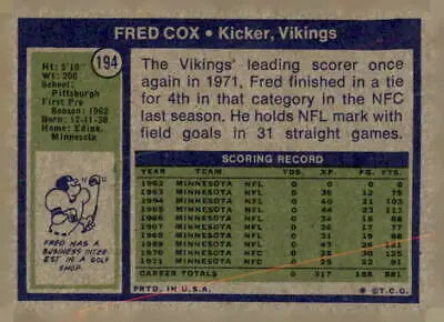Vintage Fred Cox football card from 1972 Topps #194 featuring Minnesota Vikings player