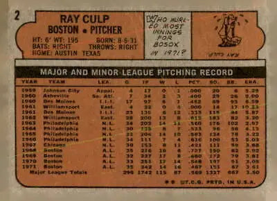 1972 Topps #2 Ray Culp EX-MT trading card featuring Ray Culp in action