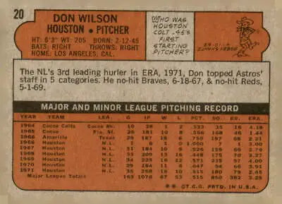 Vintage 1972 Topps #20 Don Wilson baseball card back showcasing player statistics
