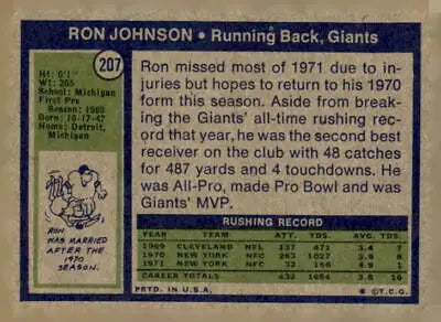 Vintage Ron Johnson trading card featuring 1972 Topps #207 design and details