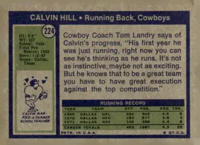 Calvin Hill Dallas Cowboys trading card from 1972 Topps #224 EX-MT