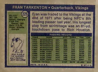 Vintage 1972 Topps Fran Tarkenton football trading card in excellent condition