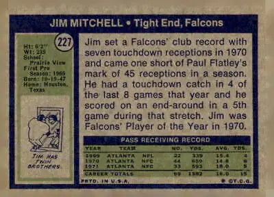 Vintage Jim Mitchell Trading Card from 1972 Topps #227 in EX-MT condition