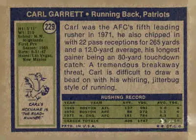 Vintage Carl Garrett sports trading card from the 1972 Topps set, graded VG-EX