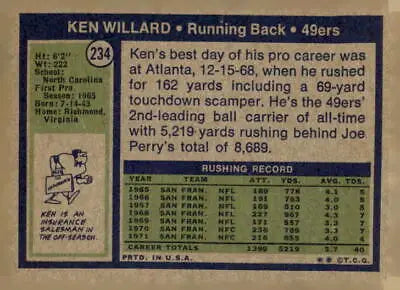 Vintage Ken Willard trading card from 1972 Topps featuring the San Francisco 49ers