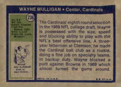 Vintage Wayne Mulligan football card from 1972 Topps #236 showcasing Mulligan football memorabilia