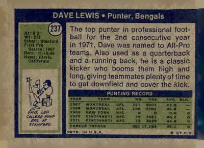 Vintage Dave Lewis trading card from 1972 Topps #237 in EX-MT condition