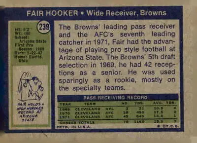 1972 Topps #239 Fair Hooker EX-MT rookie trading card in excellent condition