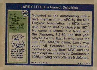 Vintage 1972 Topps Larry Little Miami Dolphins trading card featuring a Miami Dolphins player