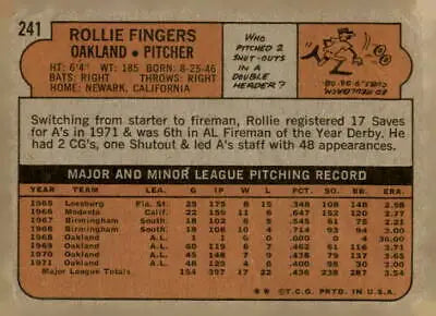 Back of 1972 Topps #241 Rollie Fingers Oakland Athletics trading card