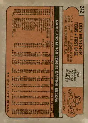 Back of the 1972 Topps #242 Don Mincher baseball card showcasing vintage design
