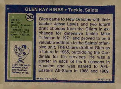 Vintage Glen Ray Hines football card from 1972 Topps #242 featuring Glen Ray Hines