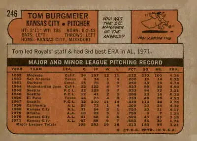 Back of 1972 Topps #246 Tom Burgmeier baseball card featuring Kansas City Royals details