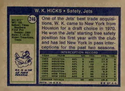 Vintage W.K. Hicks football card from a beloved era of NFL history, 1972 Topps #246