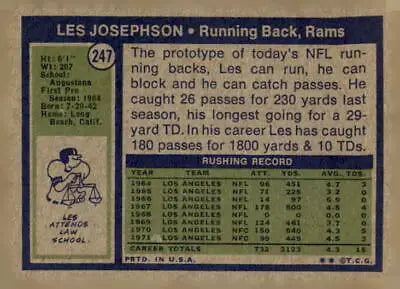 Vintage Les Josephson trading card featuring Los Angeles Rams from the 1972 Topps series