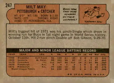 Vintage baseball card back from 1972 Topps #247 Milt May sports trading card display