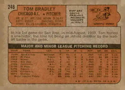 Vintage baseball card back of 1972 Topps Tom Bradley featuring Chicago White Sox details