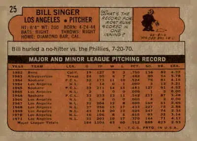 Vintage baseball card featuring Los Angeles Dodgers player Bill Singer from 1972 Topps