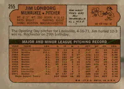 Vintage baseball card back of 1972 Topps #255 Jim Lonborg, a classic MLB trading card