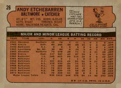Vintage 1972 Topps #26 Andy Etchebarren baseball card in excellent condition