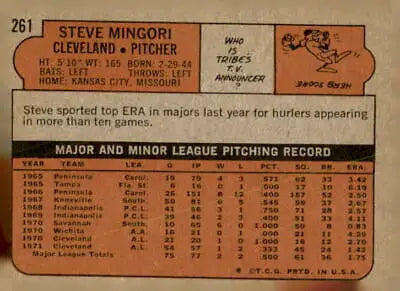 Vintage 1972 Topps Steve Mingori trading card back for collectible sports cards