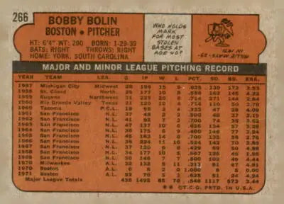 Vintage 1972 Topps Bobby Bolin trading card back with detailed trading card features
