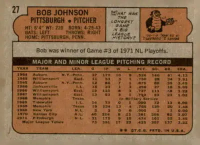 Vintage baseball card back from 1972 Topps #27 Bob Johnson, a collectible sports trading card