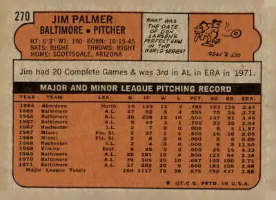 Vintage Jim Palmer baseball card from 1972 Topps #270 showcasing Jim Palmer baseball nostalgia