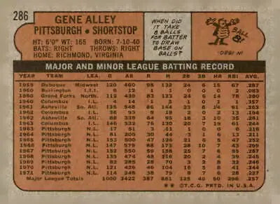Vintage 1972 Topps Gene Alley trading card back showcasing sports trading card details