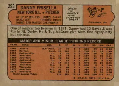 Vintage baseball card back of 1972 Topps #293 Danny Frisella trading card