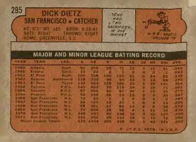Back of 1972 Topps Dick Dietz baseball card featuring San Francisco Giants details