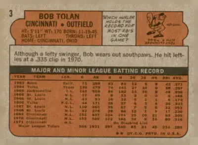 Vintage Bob Tolan sports trading card from the 1972 Topps set in EX-MT condition