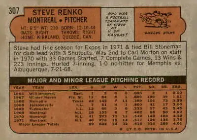 Steve Renko Montreal Expos baseball card back from 1972 Topps #307 EX-MT