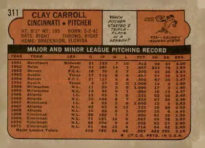 1972 Topps #311 Clay Carroll EX trading card of Cincinnati Reds player Clay Carroll