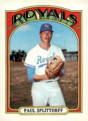1972 Topps Paul Splittorff Kansas City Royals baseball card showing Kansas City pitcher
