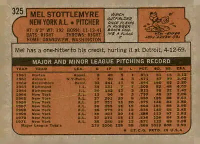 Vintage Mel Stottlemyre baseball card back from 1972 Topps #325 in EX-MT condition