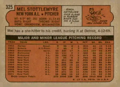 Vintage baseball card featuring Mel Stottlemyre from the New York Yankees 1972 Topps #325