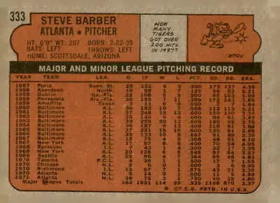 Vintage 1972 Topps Steve Barber trading card #333 in EX-NM condition for collectors