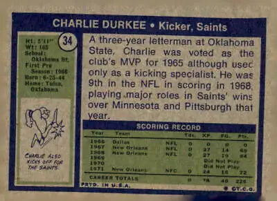 Charlie Durkee 1972 Topps #34 trading card, a collectible in NFL history