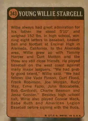 Vintage baseball card back of 1972 Topps #343 Willie Stargell, a classic Stargell baseball card