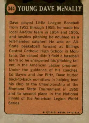 Vintage baseball card back featuring 1972 Topps Dave McNally Baltimore Orioles trading card