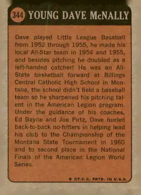 Vintage 1972 Topps #344 Dave McNally EX-MT trading card back featuring player stats