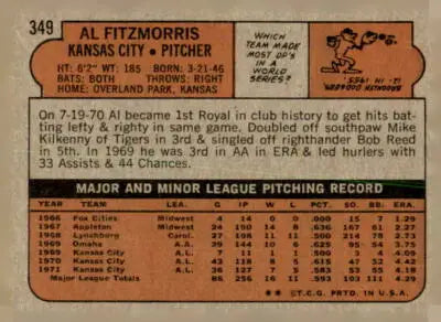 Vintage baseball card back of 1972 Topps #349 Al Fitzmorris, Kansas City Royals player